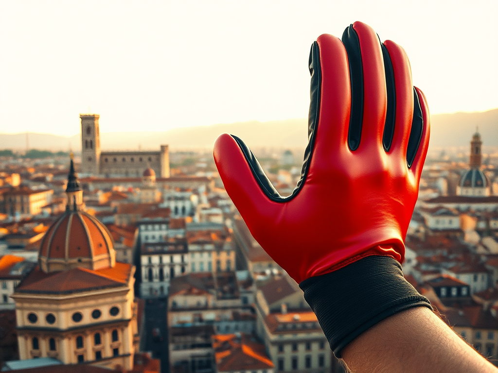 A giant goalkeeping glove hovering over the city of Florence